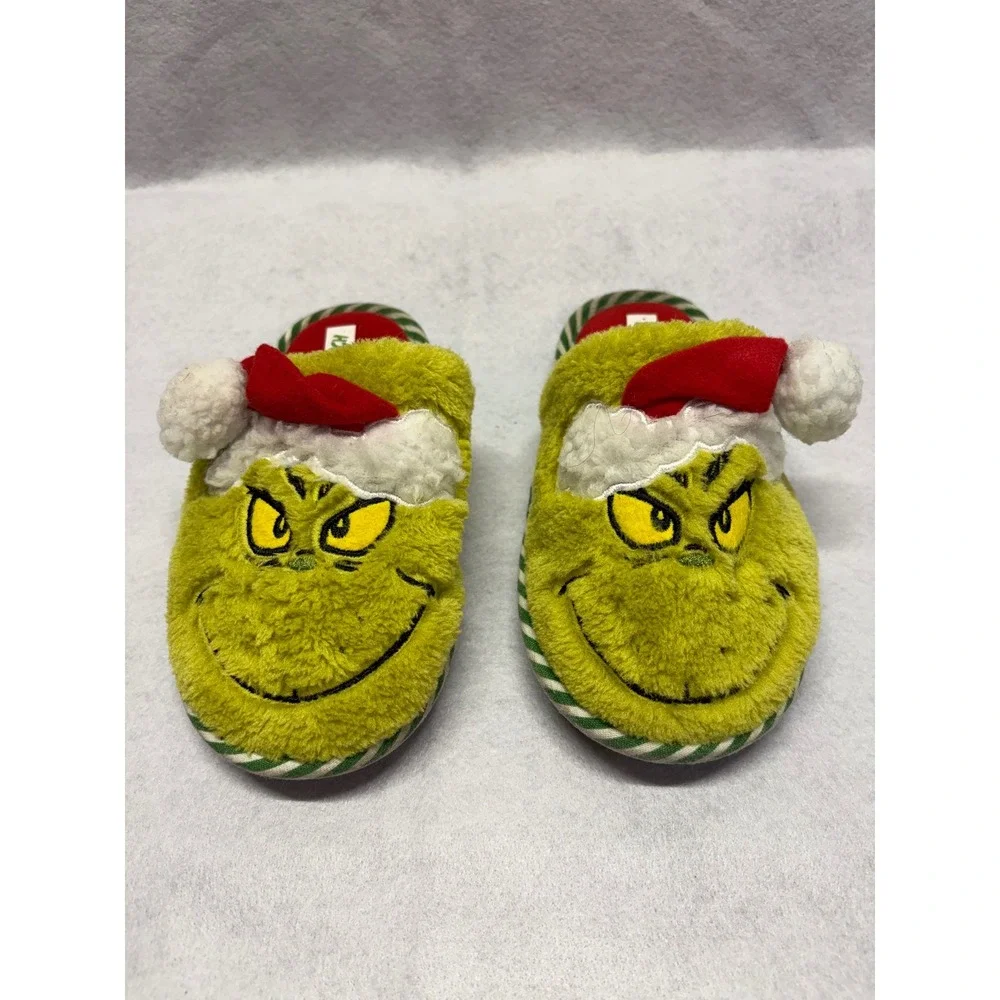 Dr Seuss The Grinch Christmas Plush Slippers Green Red Santa Hat Kids Size 13-1